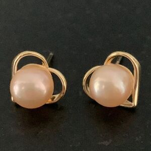 Pink Freshwater Cultured Pearl Stud Earrings in 18k Gold Plated Heart Setting